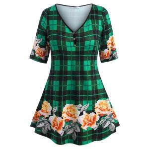 

Mock Buttons Floral Plaid Plus Size Top, Green