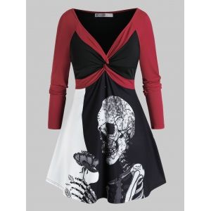 

Plus Size Halloween Flower Skull Twist Raglan Sleeve Tunic Tee, Black