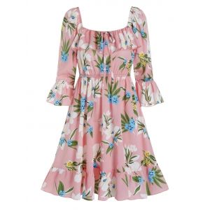 

Floral Tie Collar Flounces Milkmaid Dress, Pink