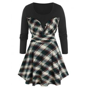 

Plus Size Frilled Plaid Ruched Skirted Tunic Tee, Deep green