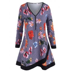 

Plus Size Floral Print Half Zip Blouse, Multi