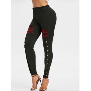 

Button Embellished Plaid Print Ripped Skinny Pants, Black