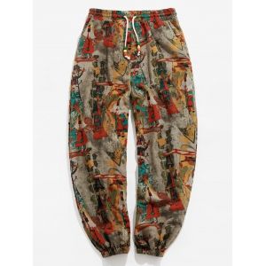 

Vintage Print Drawstring Casual Pants, Multi