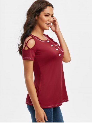 

Cold Shoulder Criss-cross Stitching T-shirt, Red wine