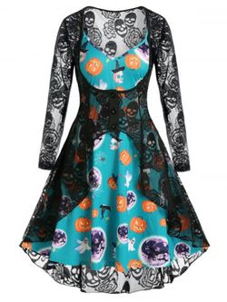 Plus Size Halloween Pumpkin Bat Dress and Lace Sheer Cardigan Set - SEA GREEN - L