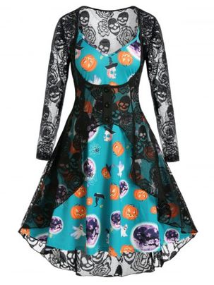 Plus Size Halloween Pumpkin Bat Dress and Lace Sheer Cardigan Set