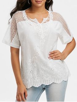 Notched Collar Crochet Lace Panel Short Sleeve Blouse - WHITE - S