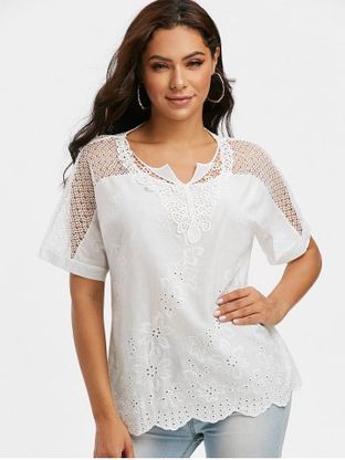 Notched Collar Crochet Lace Panel Short Sleeve Blouse