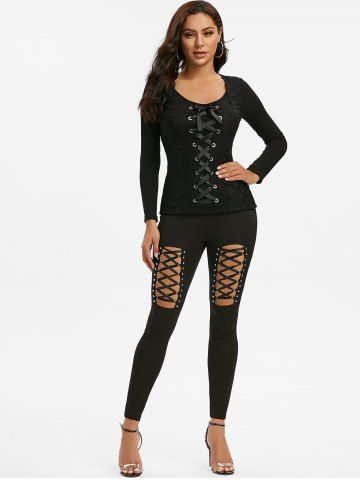 High Waisted Rivet Detail Lace-up Gothic Leggings