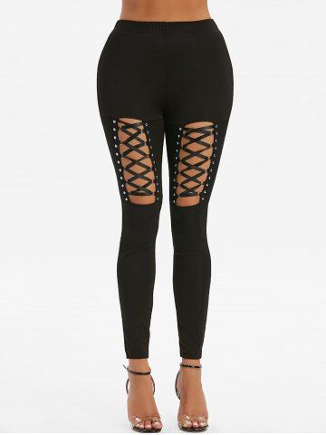 High Waisted Rivet Detail Lace-up Gothic Leggings