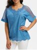 Notched Collar Crochet Lace Panel Short Sleeve Blouse -  