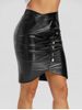 Mock Button Pleated Asymmetrical Faux Leather Skirt -  