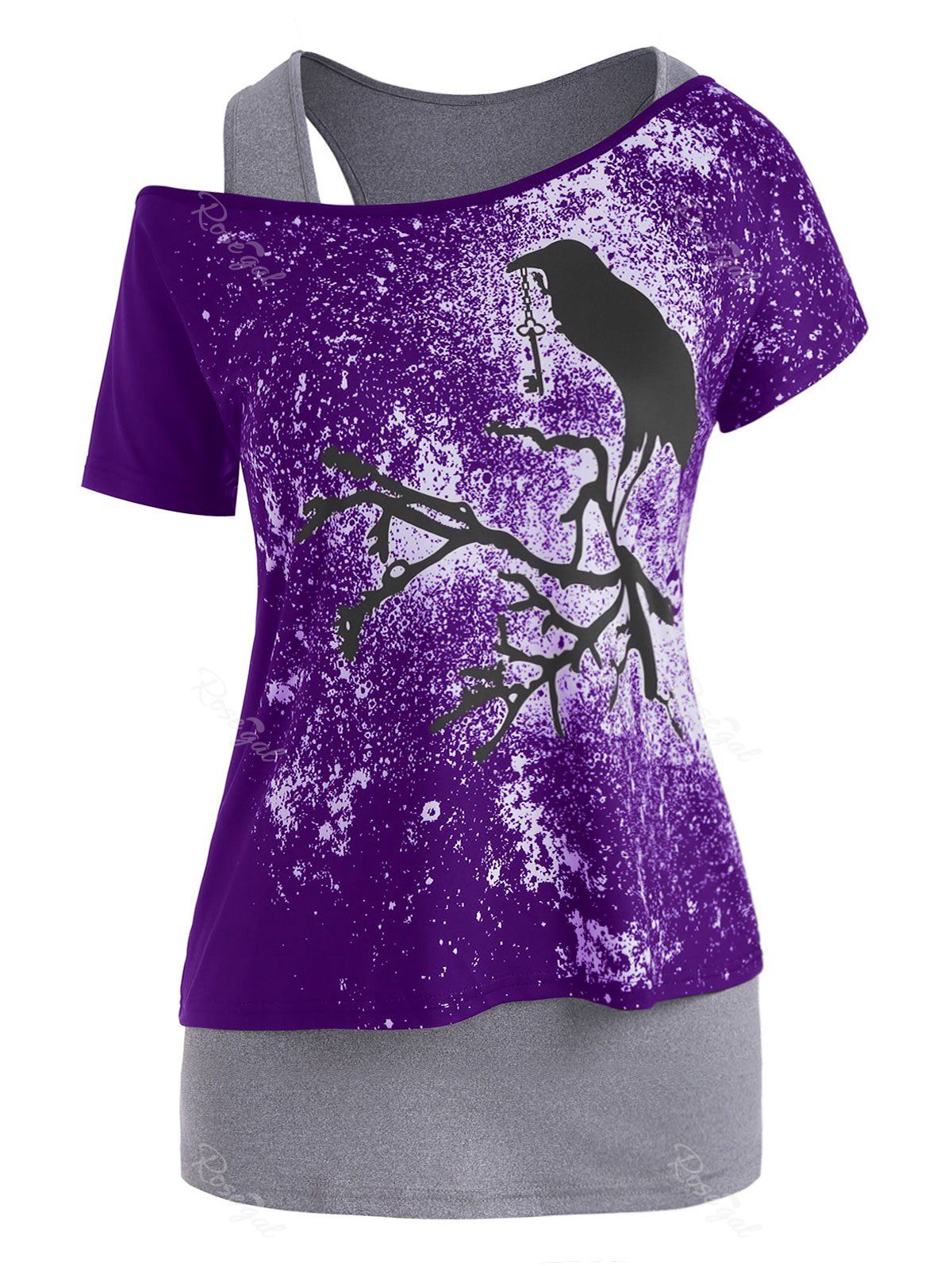

Plus Size Skew Neck Halloween T-shirt and Tank Top Set, Purple