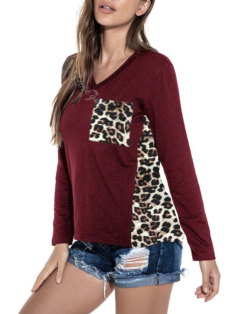

V Neck Front Pocket Leopard Panel Long Sleeve Top, Deep red