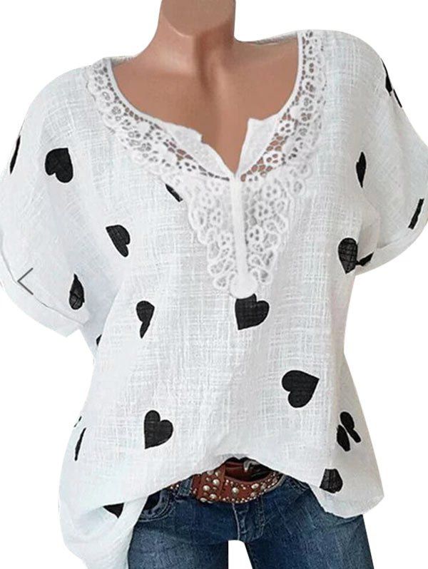 

Plus Size Lace Panel Heart Print Blouse, White