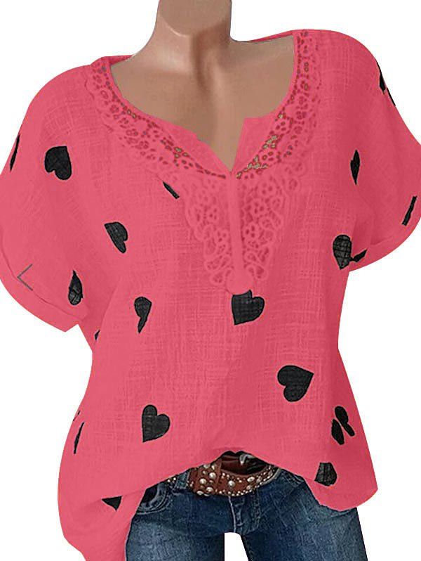 

Plus Size Lace Panel Heart Print Blouse, Red