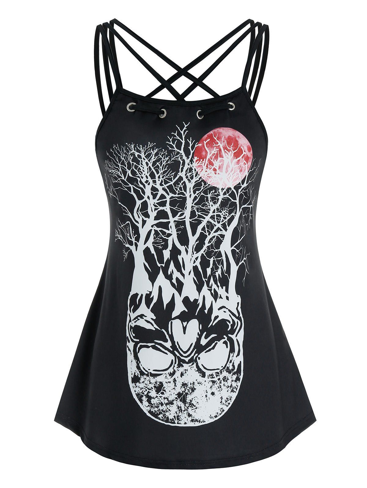 

Tree Graphic Strappy Cami Tank Top, Black