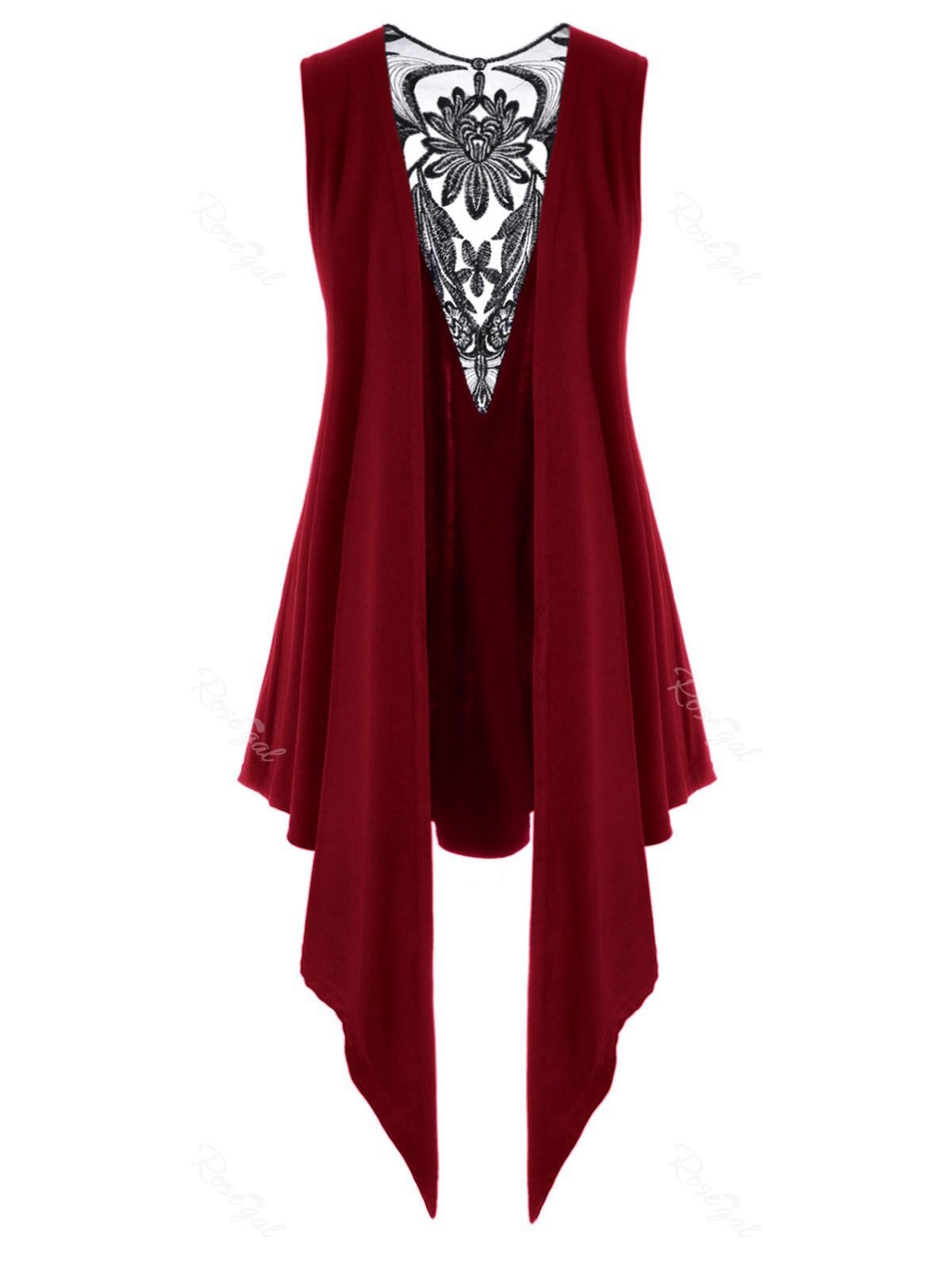 

Mesh Panel Open Front Embroidered Plus Size Top, Red