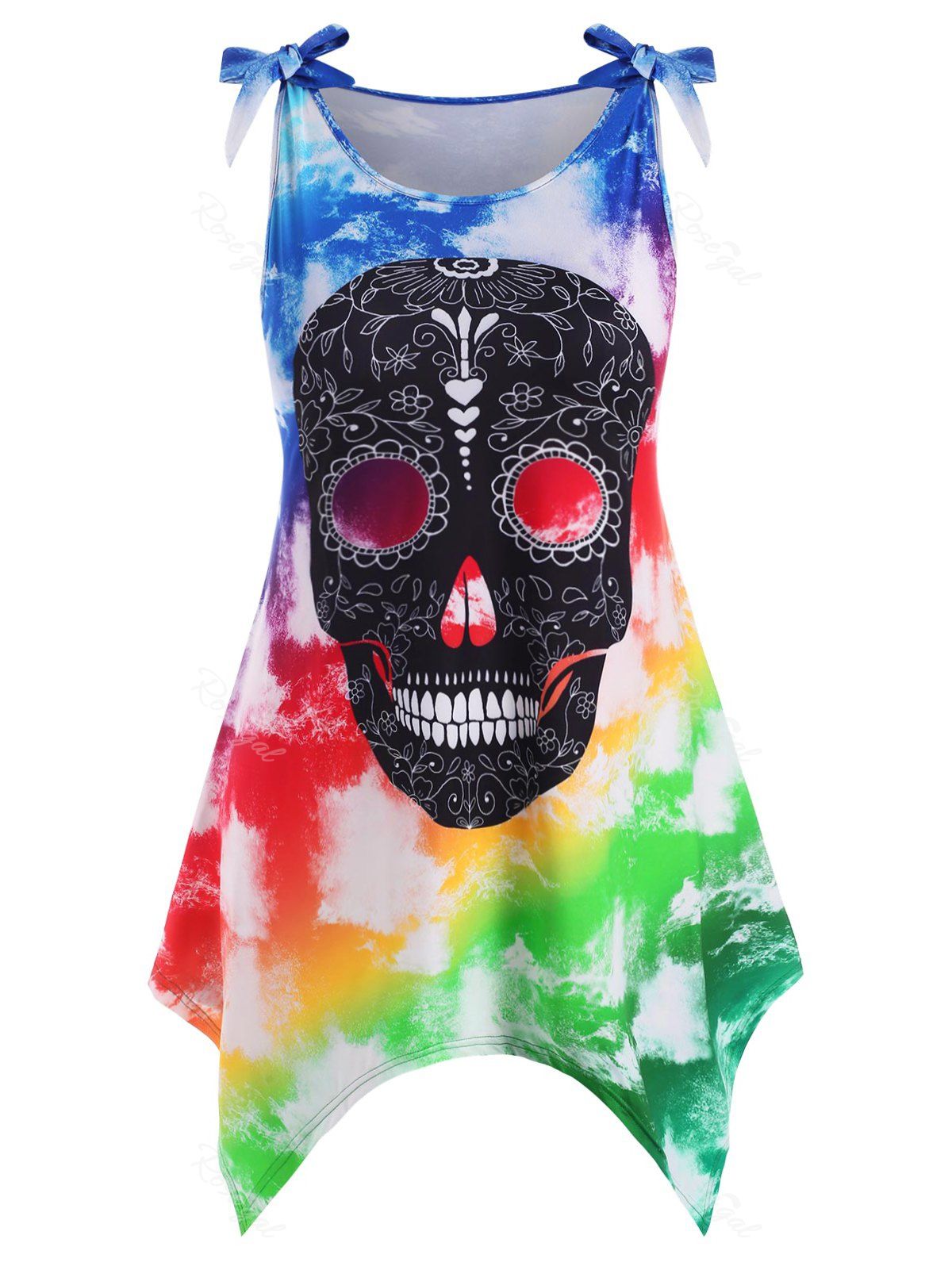 

Tie Shoulder Skull Tie Dye Halloween Plus Size Tank Top, Multi