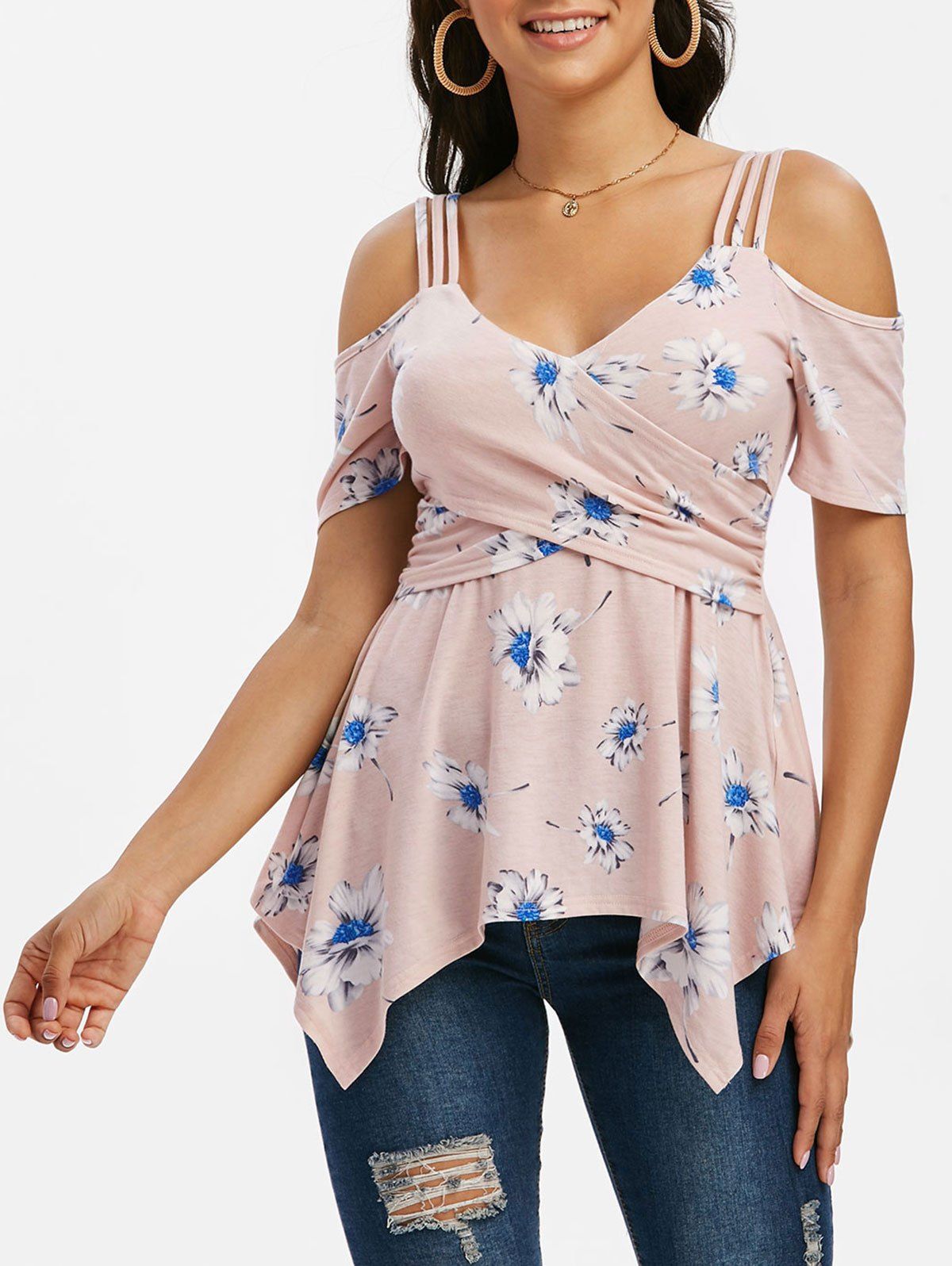 

Floral Print Crisscross Asymmetrical Short Sleeve T Shirt, Pig pink