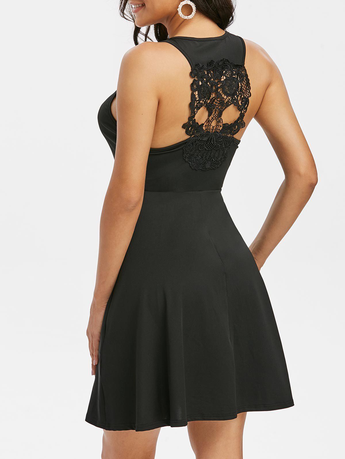 

V Notched Back Lace Panel Mini Sleeveless Dress, Black