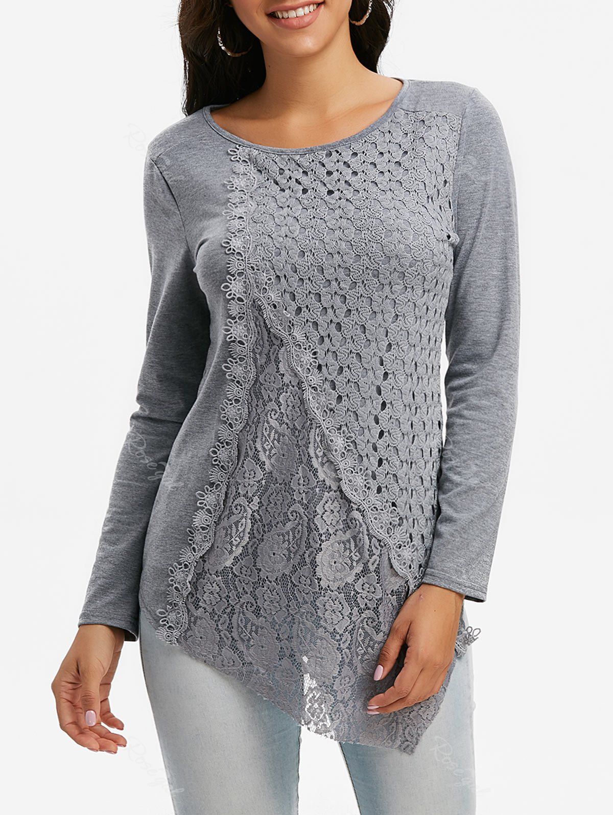 

Lace Panel Crochet Asymmetrical T Shirt, Gray