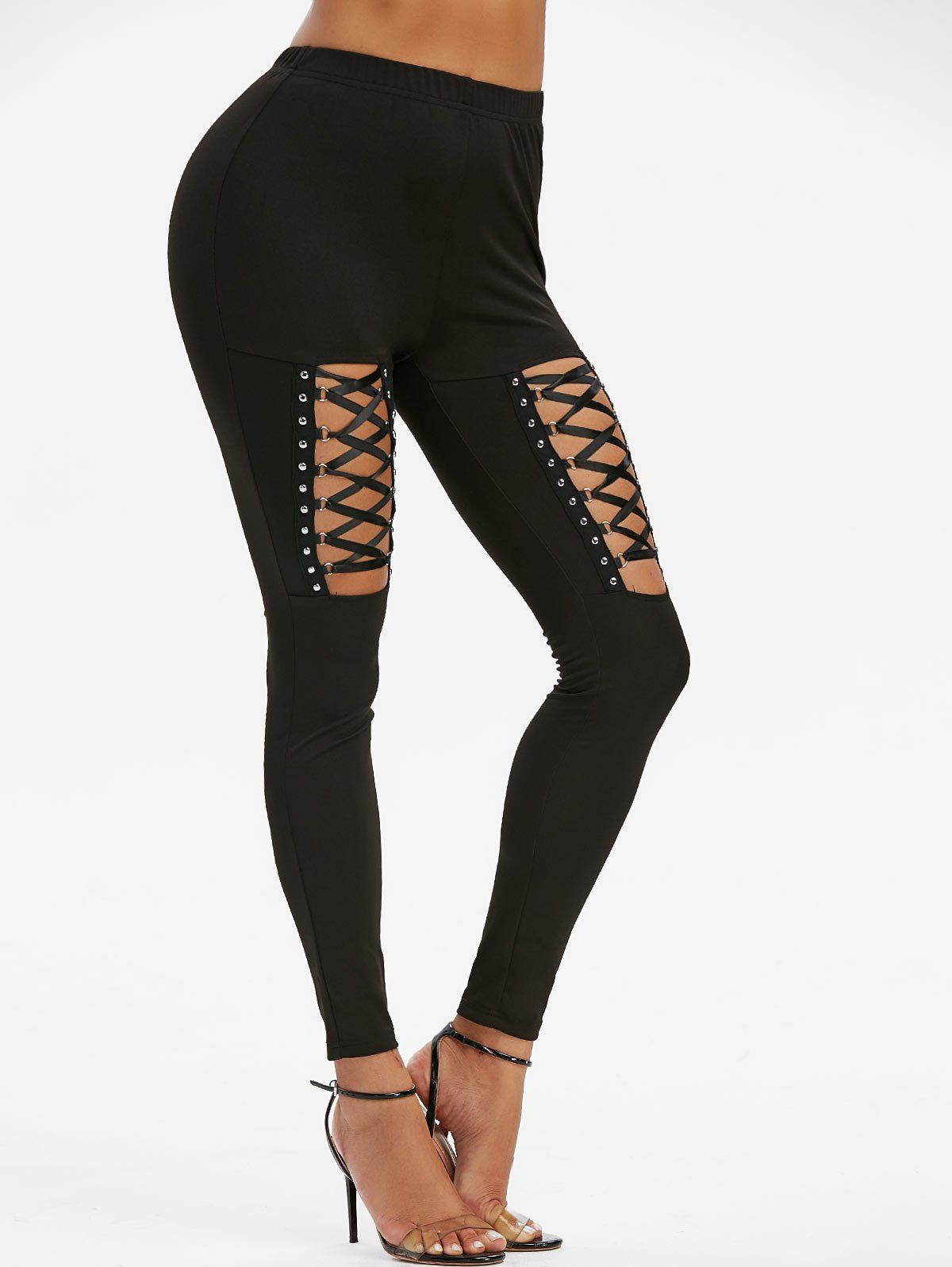 

High Waisted Rivet Detail Lace-up Gothic Leggings, Black