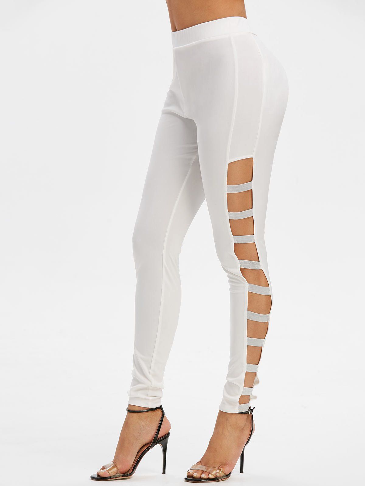 

Shiny Ladder Cutout Elastic Waist Leggings, White