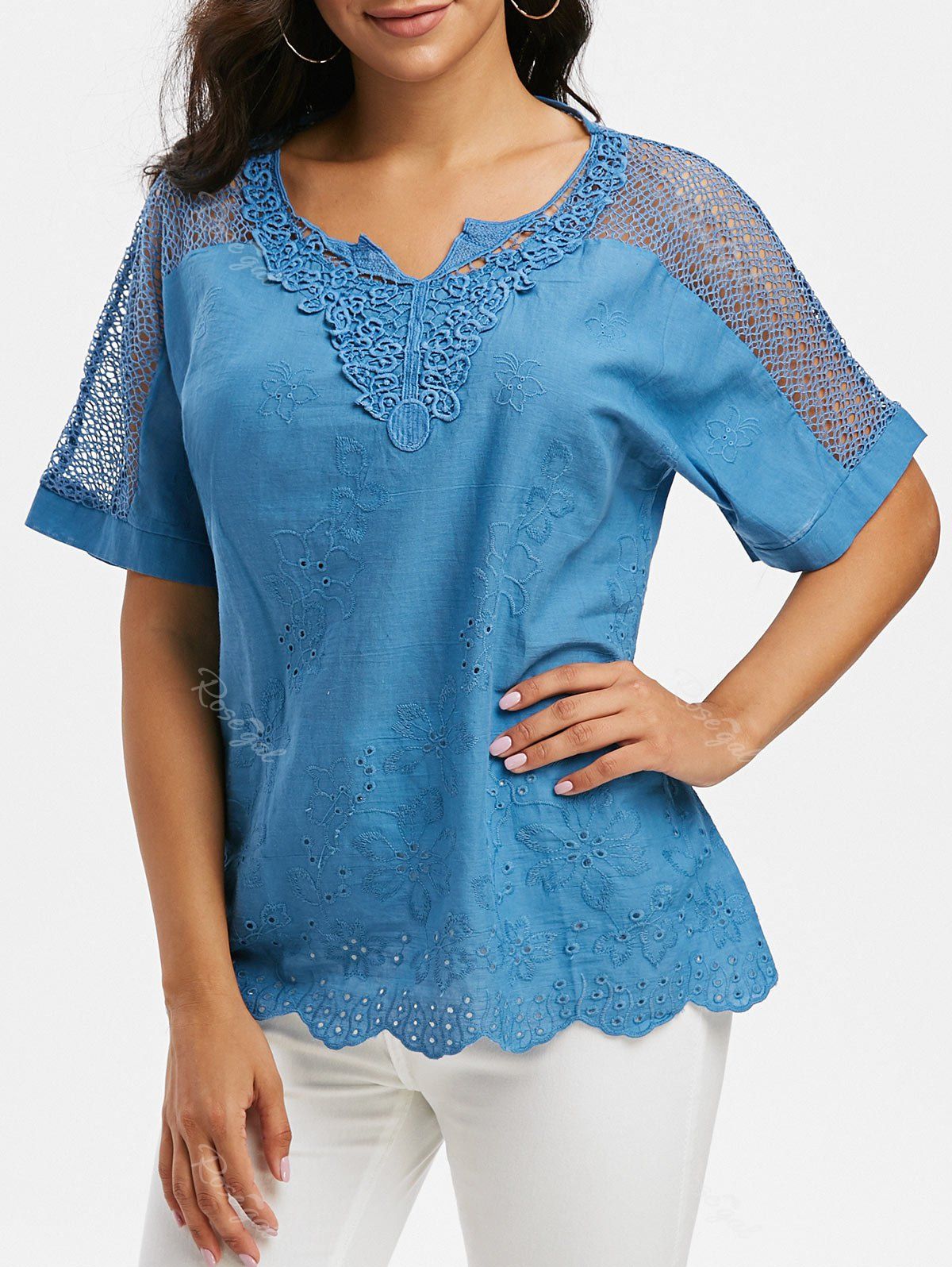 

Notched Collar Crochet Lace Panel Short Sleeve Blouse, Blue