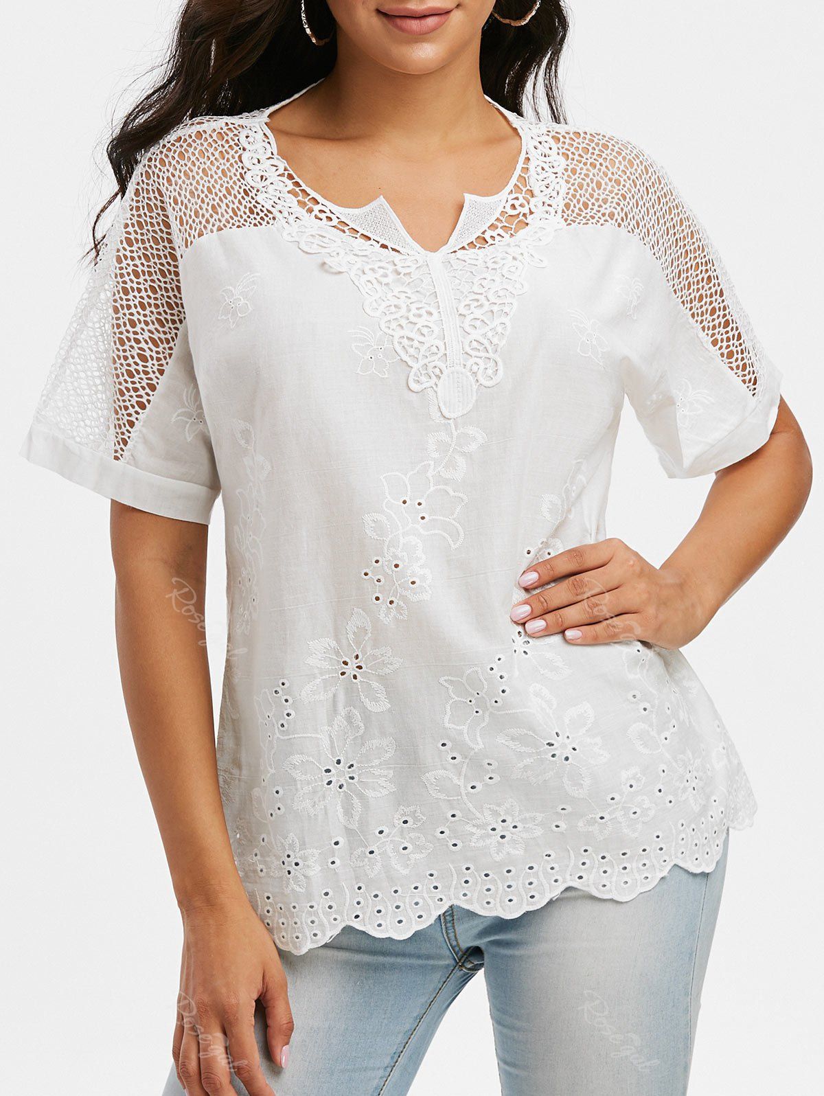 Latest Notched Collar Crochet Lace Panel Short Sleeve Blouse  