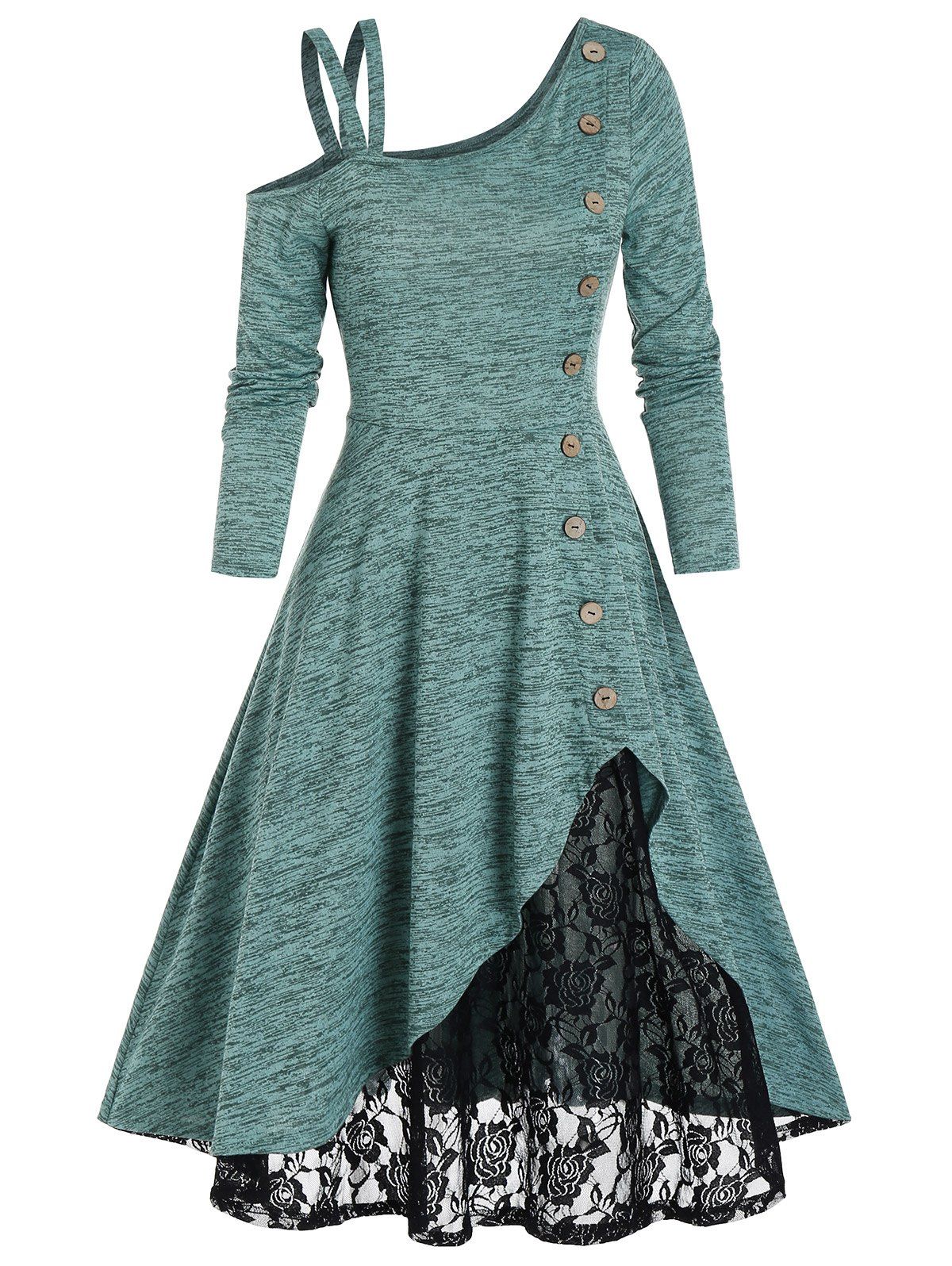 

Cold Shoulder Button Lace Panel Asymmetrical Dress, Sea green