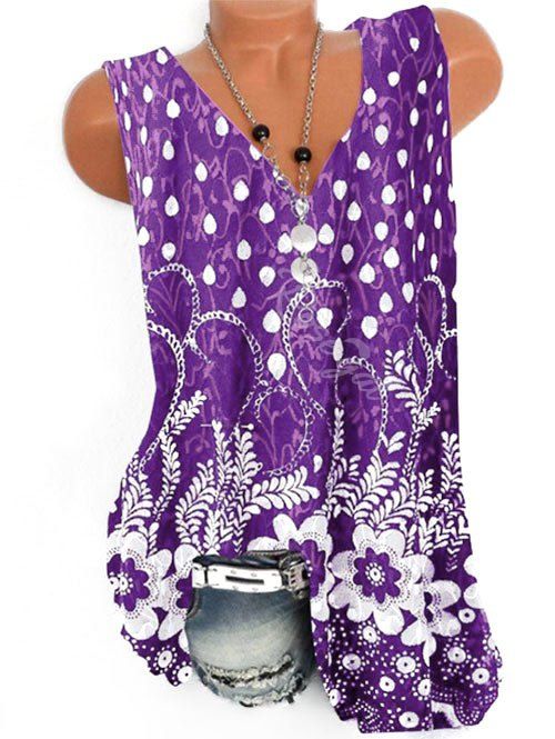 

Plus Size V Neck Full Print Tank Top, Purple