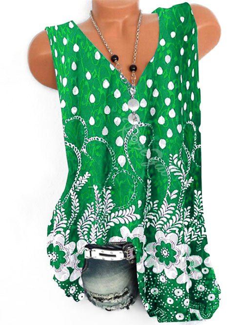 

Plus Size V Neck Full Print Tank Top, Green