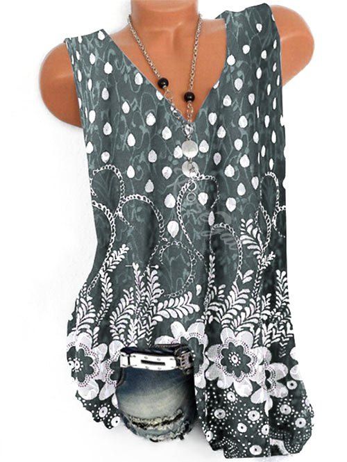 

Plus Size V Neck Full Print Tank Top, Gray