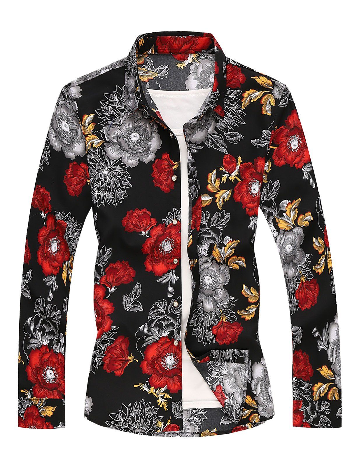 

Long Sleeves Flower Printed Shirt, Red