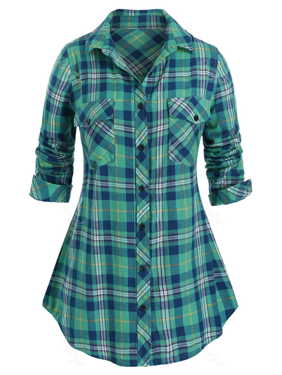 

Plus Size Roll Up Sleeve Plaid Shirt, Greenish blue