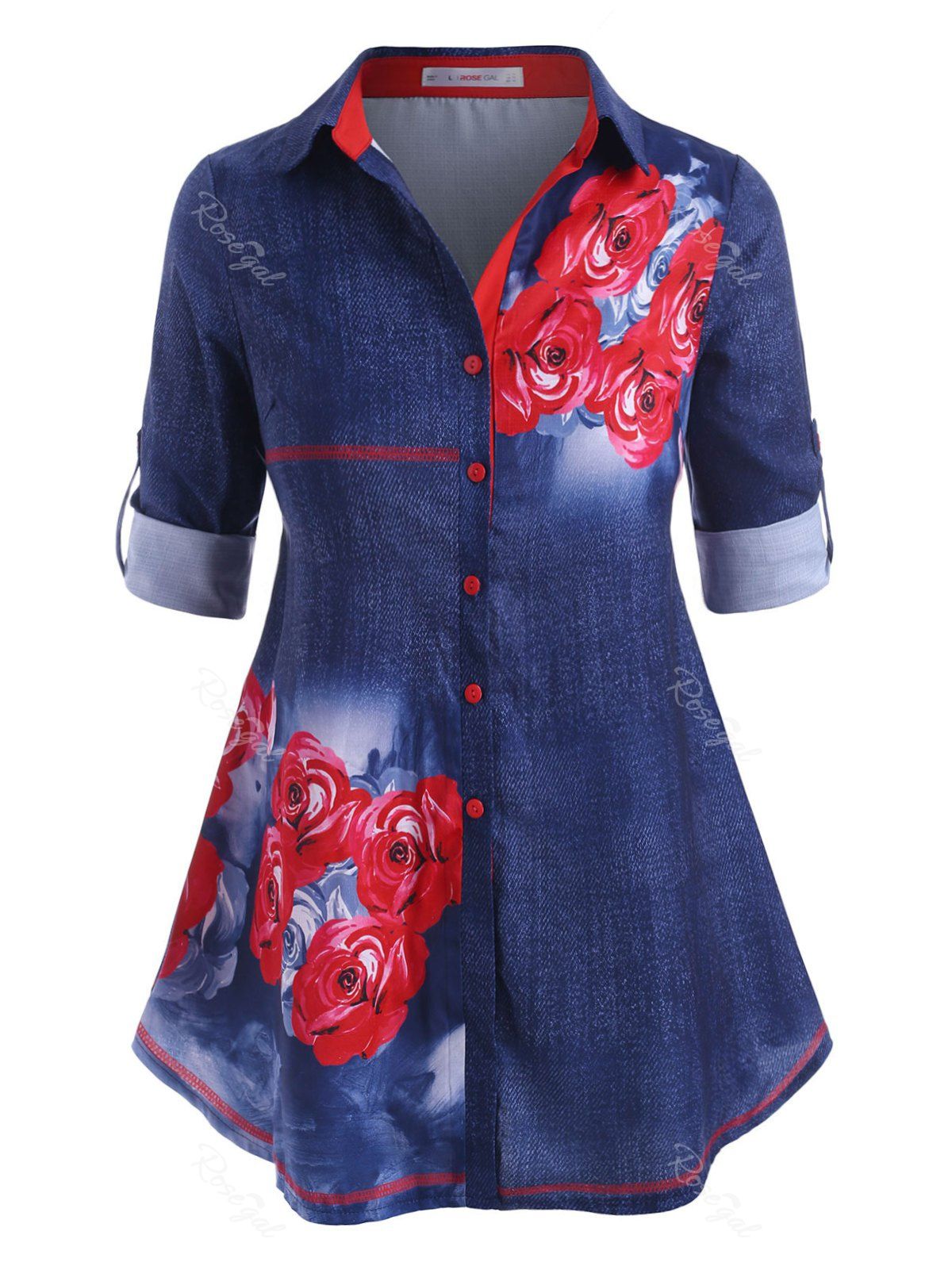 

Rose Button Up Tab Sleeve Plus Size Shirt, Blue