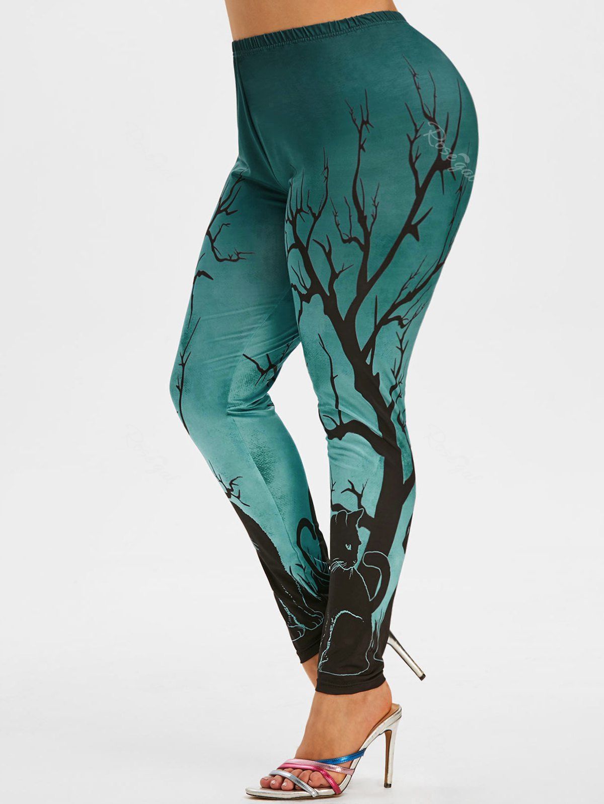 

Halloween Black Cat Tree Print Plus Size Leggings, Green