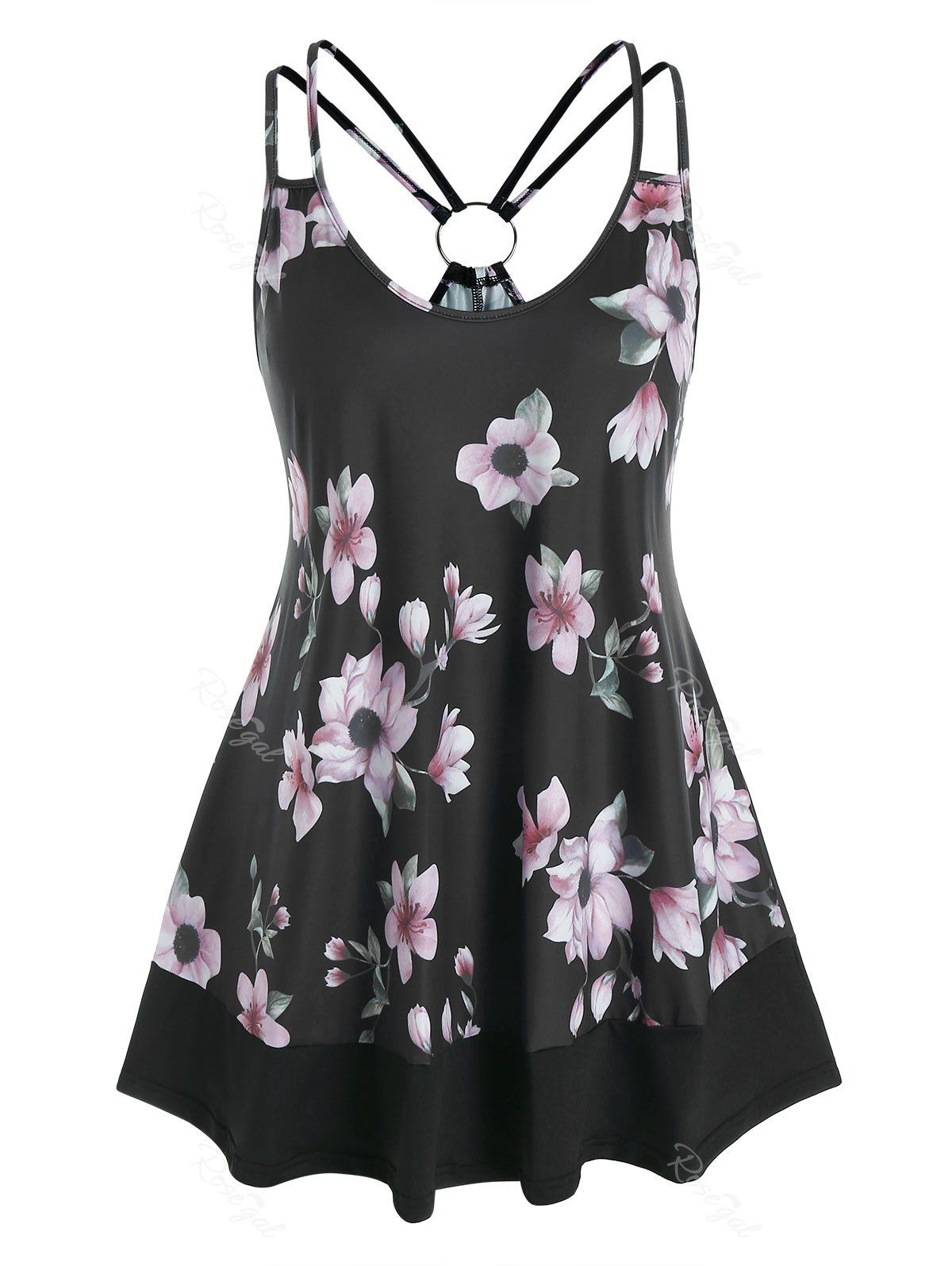 

Plus Size O Ring Floral Print Strappy Tank Top, Black