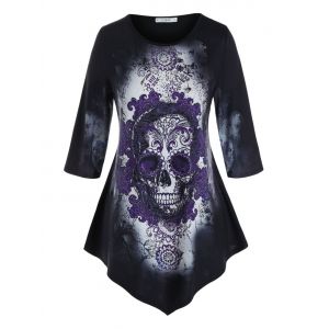 

Plus Size Skull Floral Print Halloween Asymmetric Tee, Black