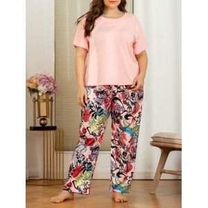 

Plus Size Floral Leaf Pajama Set, Light pink