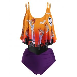 

Plus Size Halloween Bat Skeleton Print Tankini Swimwear, Dark orange