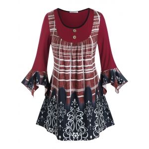 

Plus Size Printed Binding Ruffle Cuff Tunic Tee, Deep red