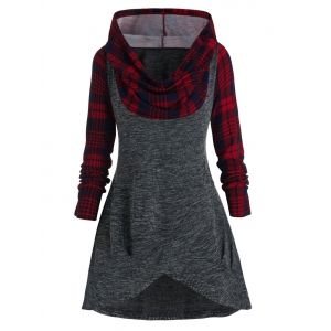 

Plus Size Plaid Hooded Cowl Front Overlap Knitted Sweater, Multi