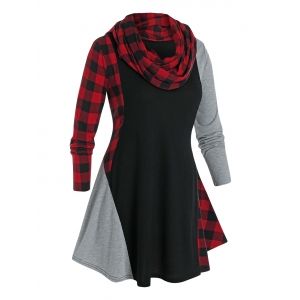 

Plus Size Plaid Contrast Curved Hem Tee with A Scarf, Multi