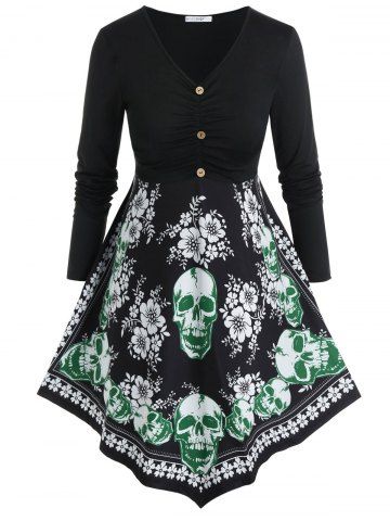 Plus Size Halloween Floral Skull Print T Shirt - DEEP GREEN - L