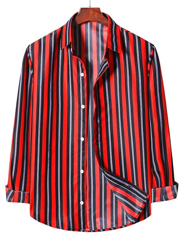 

Striped Casual Long Sleeve Button Up Shirt, Lava red