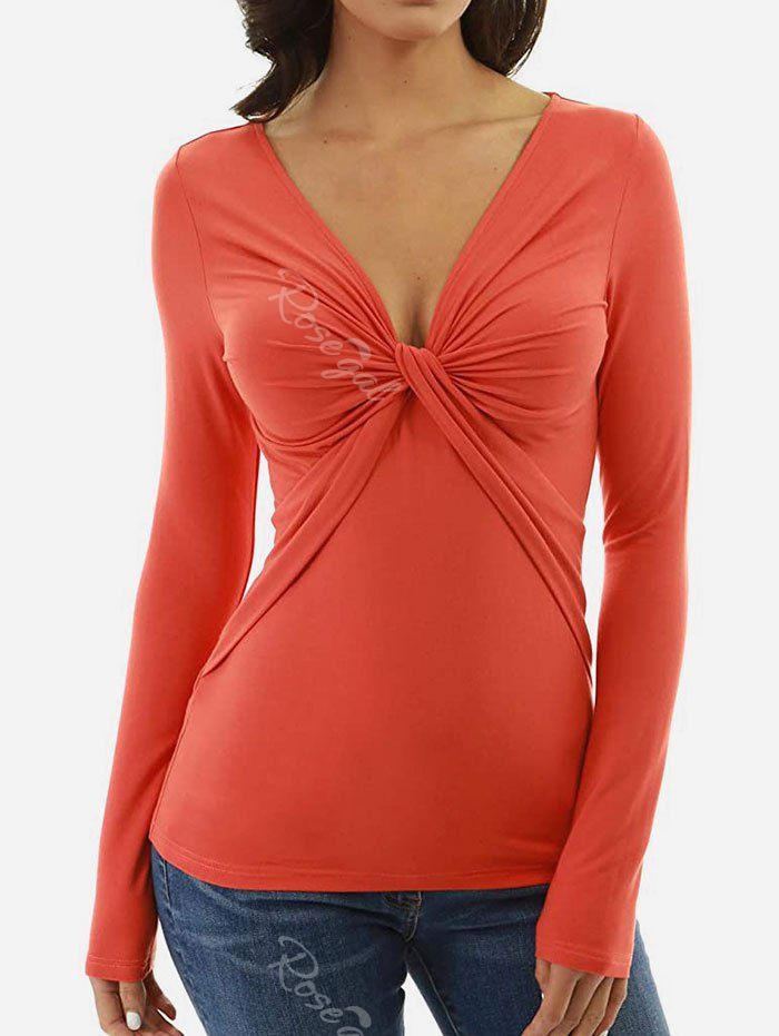 Cheap Plunge Twist Ruched Long Sleeve Top  