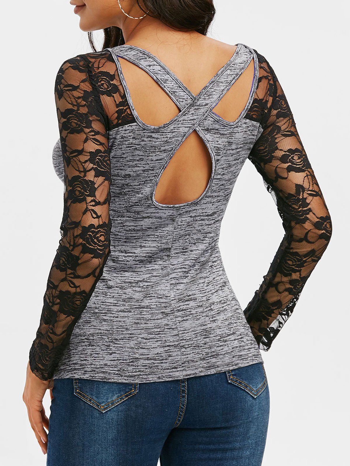 

Space Dye Print Cut Out Lace Insert T-shirt, Dark gray