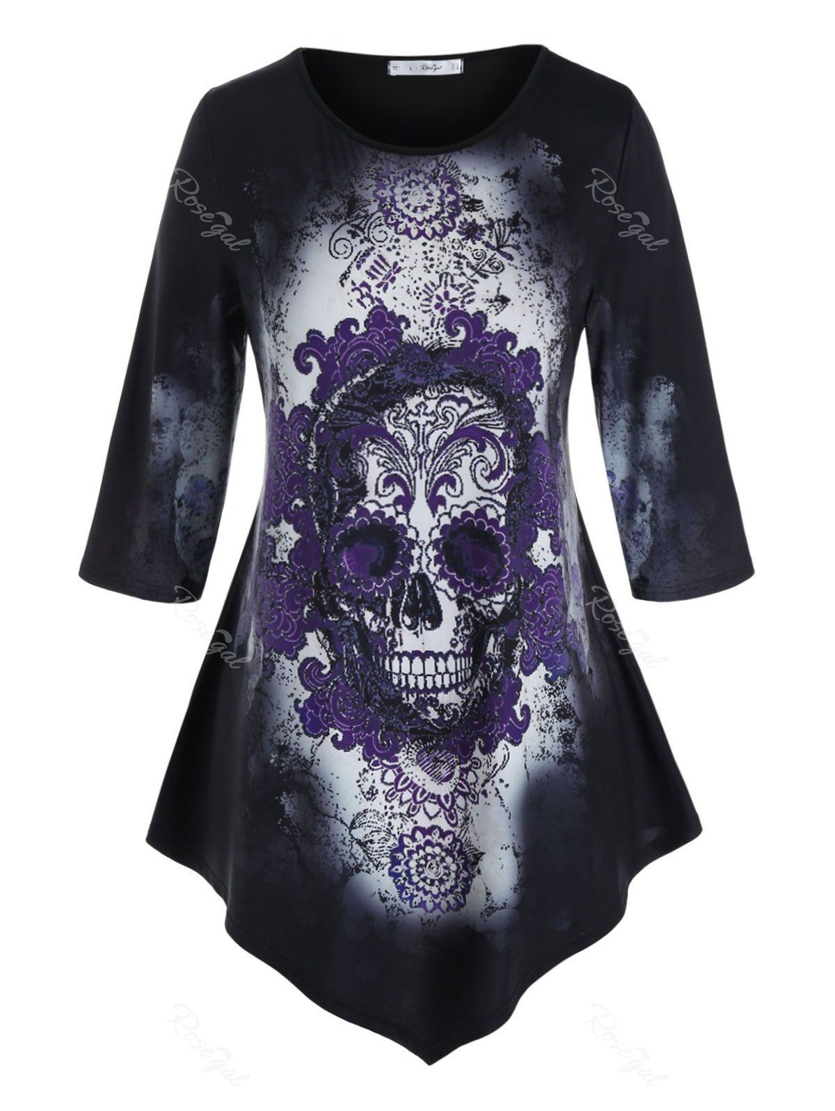 

Plus Size Skull Floral Print Halloween Asymmetric Tee, Black